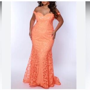 JJs House Off-Shoulder Coral Lace Dress train formal 3X